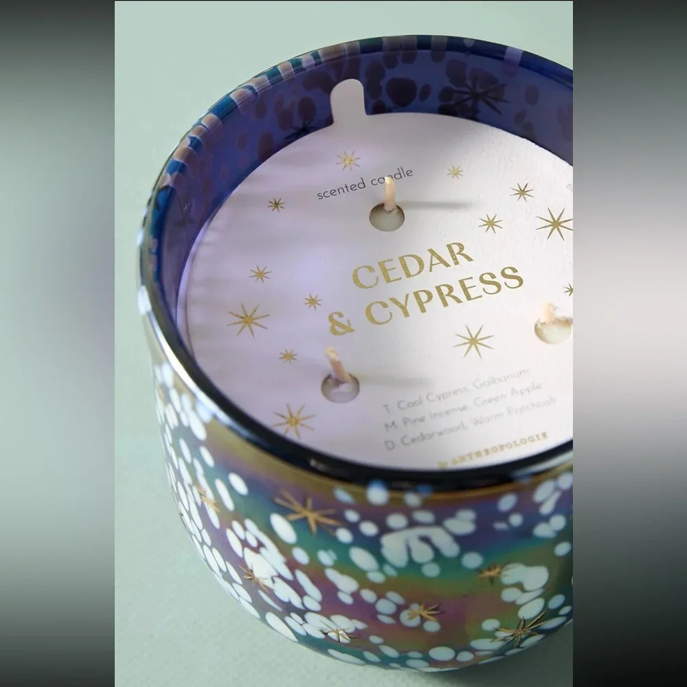 New Anthropologie Festive Woody Cedar & Cypress Gilded Glass Jar Candle 3 Wick - Picture 2 of 2